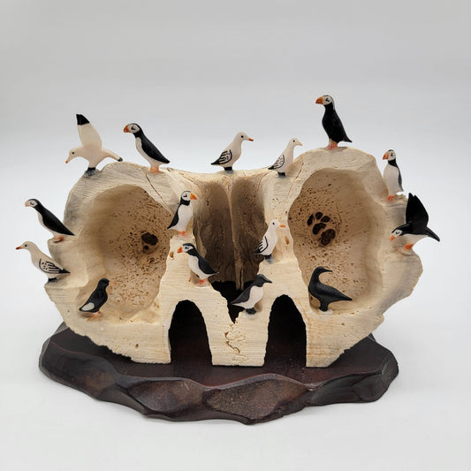 Alaskan Native George Mayac Puffins Seagulls On Bone Sculpture