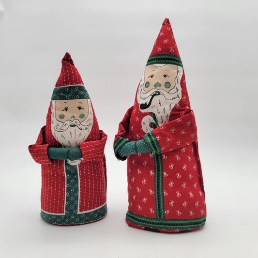 Pair Of Vintage Fabric Cone Santa Claus Plush Figurines