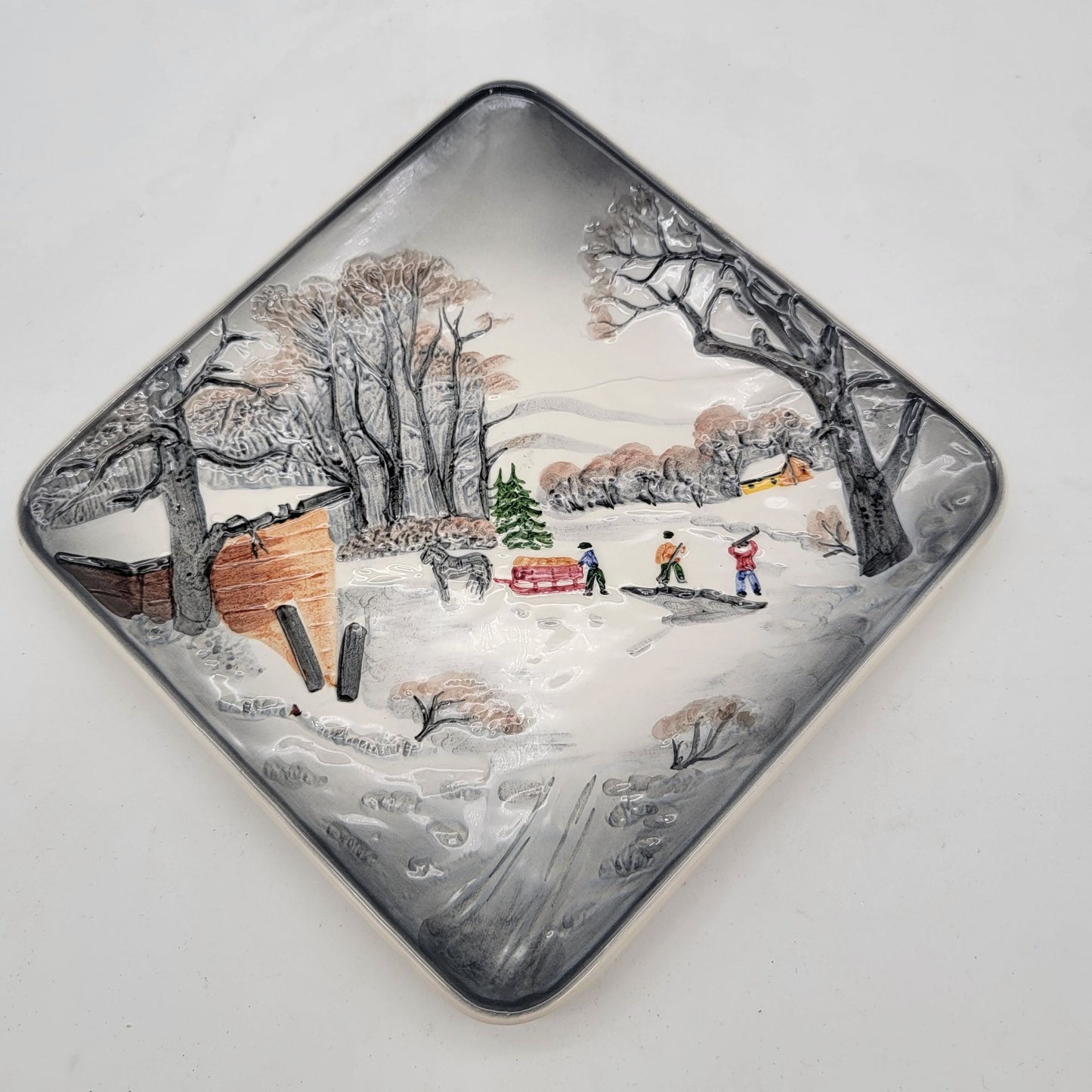 Vintage West Germany Winter Relief Square Wall Plate Forest Cottage