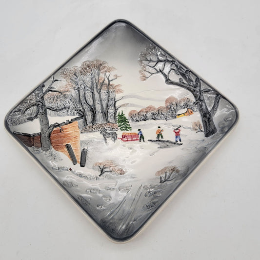 Vintage West Germany Winter Relief Square Wall Plate Forest Cottage