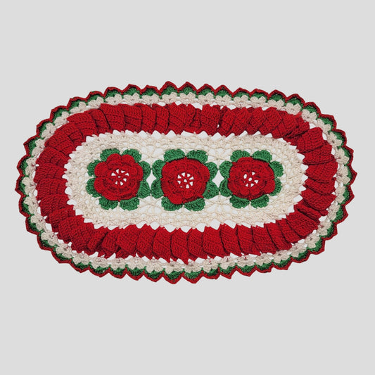 Vintage Oval Crochet Red Irish Rose Doily