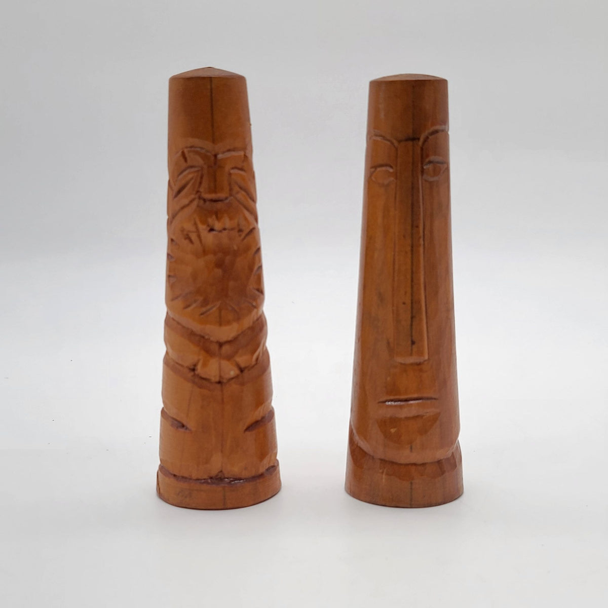 Mid-Century Carved Wooden Tiki Moai Salt & Pepper Shakers Set