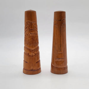 Mid-Century Carved Wooden Tiki Moai Salt & Pepper Shakers Set