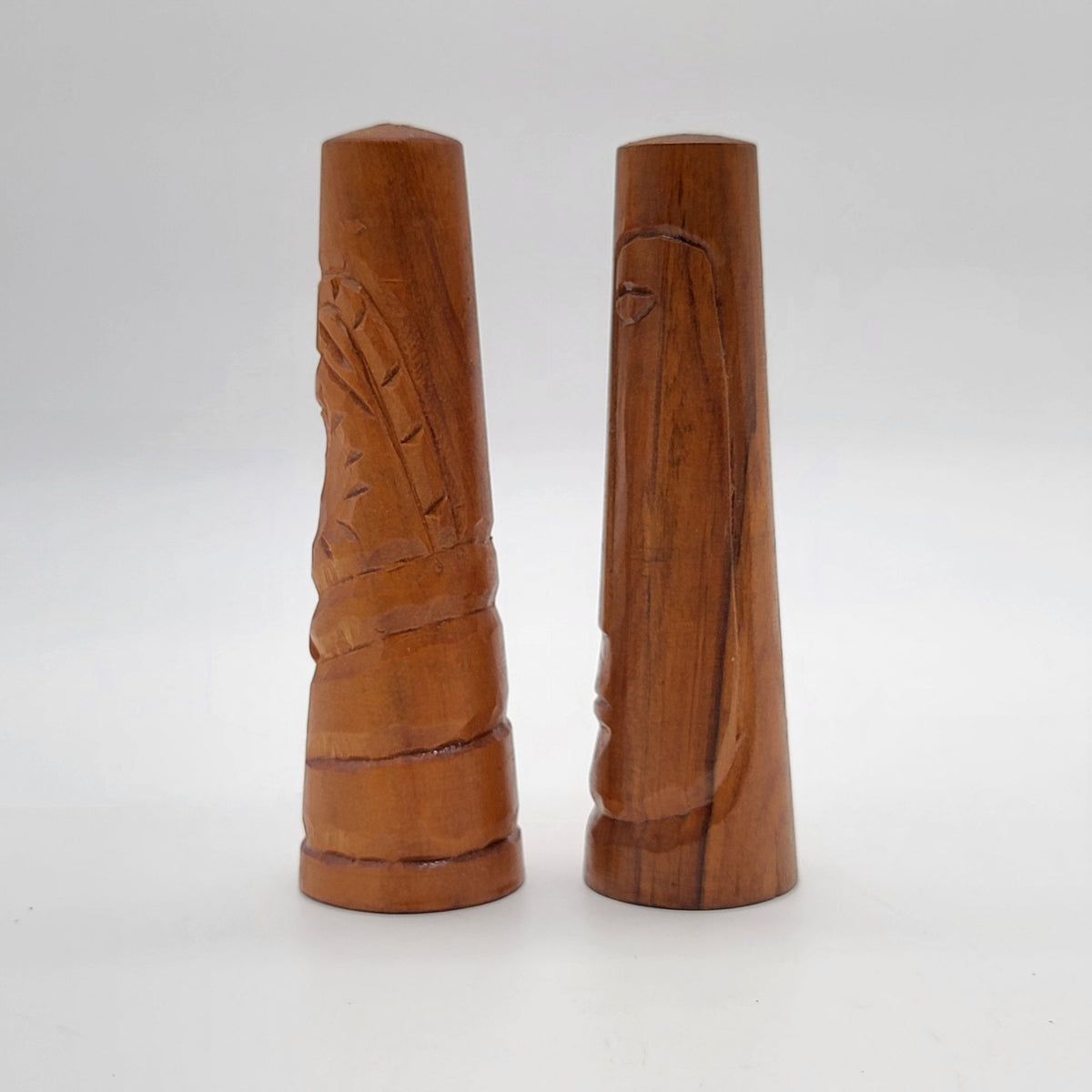 Mid-Century Carved Wooden Tiki Moai Salt & Pepper Shakers Set
