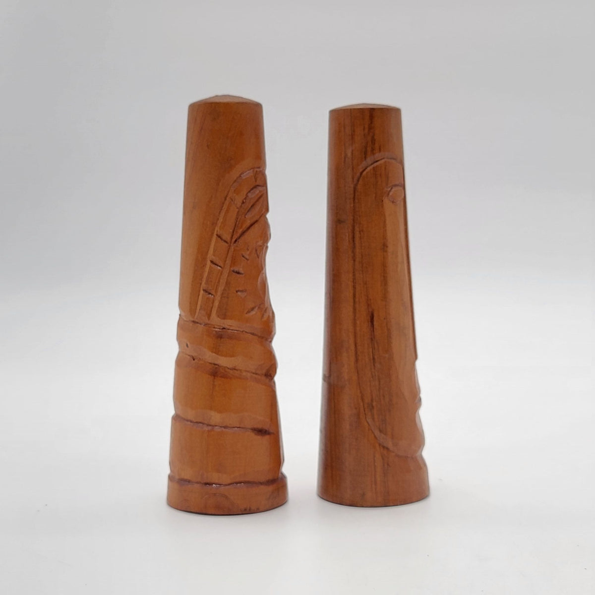 Mid-Century Carved Wooden Tiki Moai Salt & Pepper Shakers Set