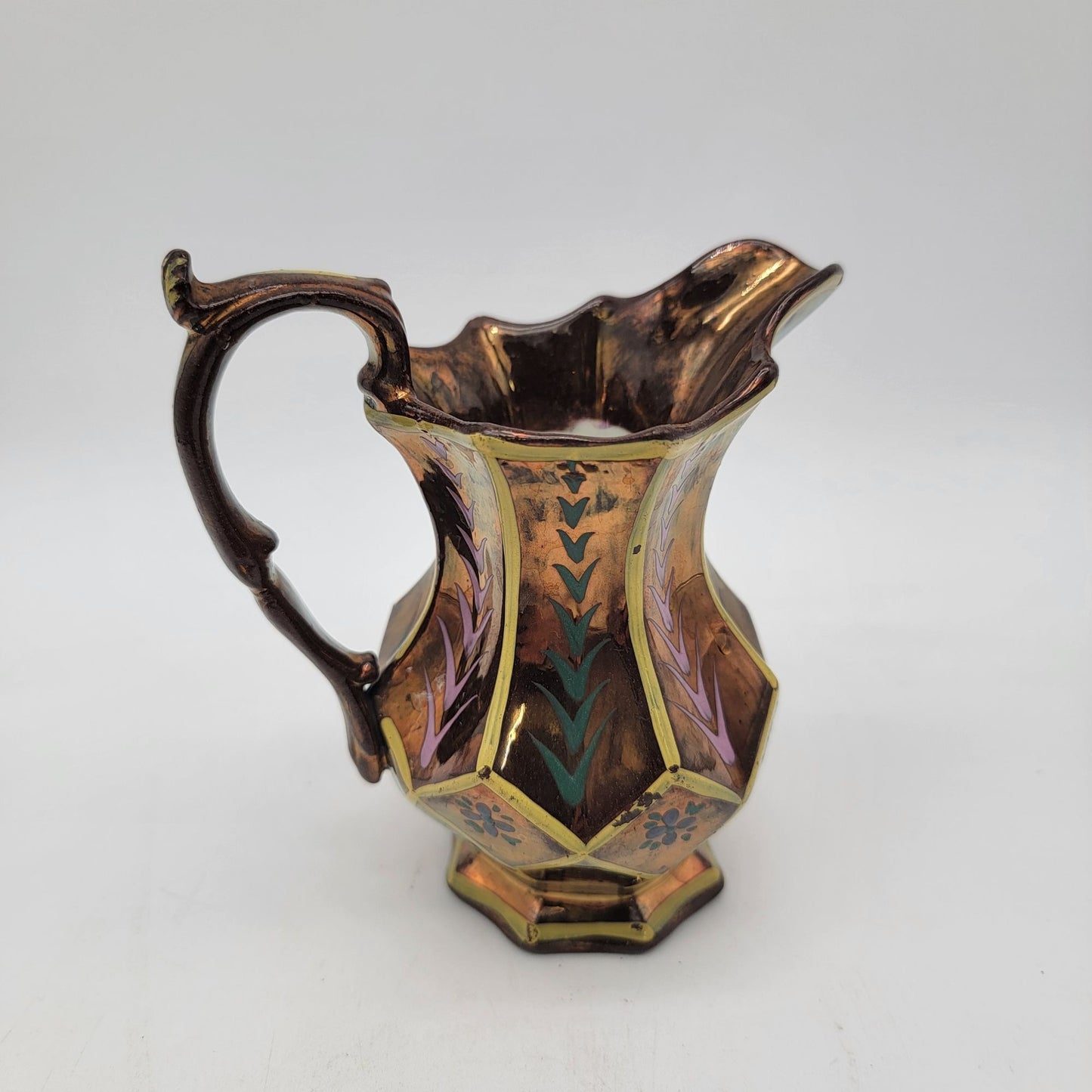 Antique Copper Lustre Pitcher With Hand-Painted Floral & Leaf Design