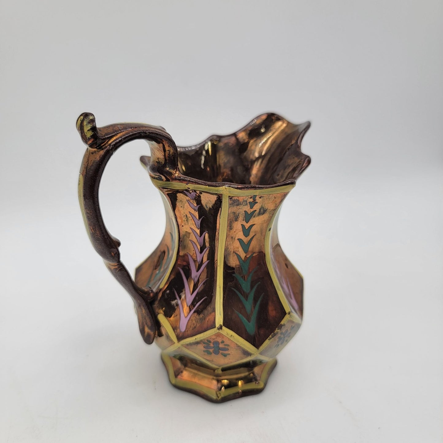 Antique Copper Lustre Pitcher With Hand-Painted Floral & Leaf Design