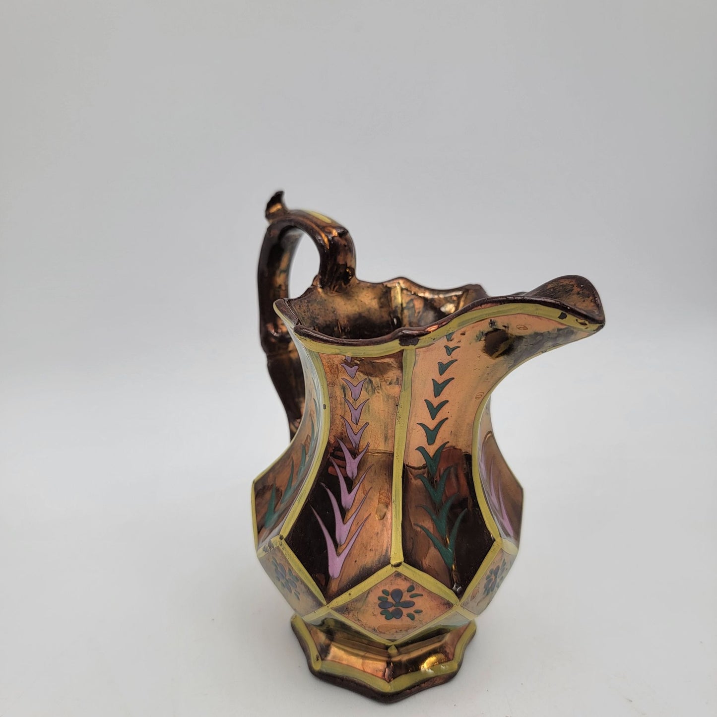 Antique Copper Lustre Pitcher With Hand-Painted Floral & Leaf Design