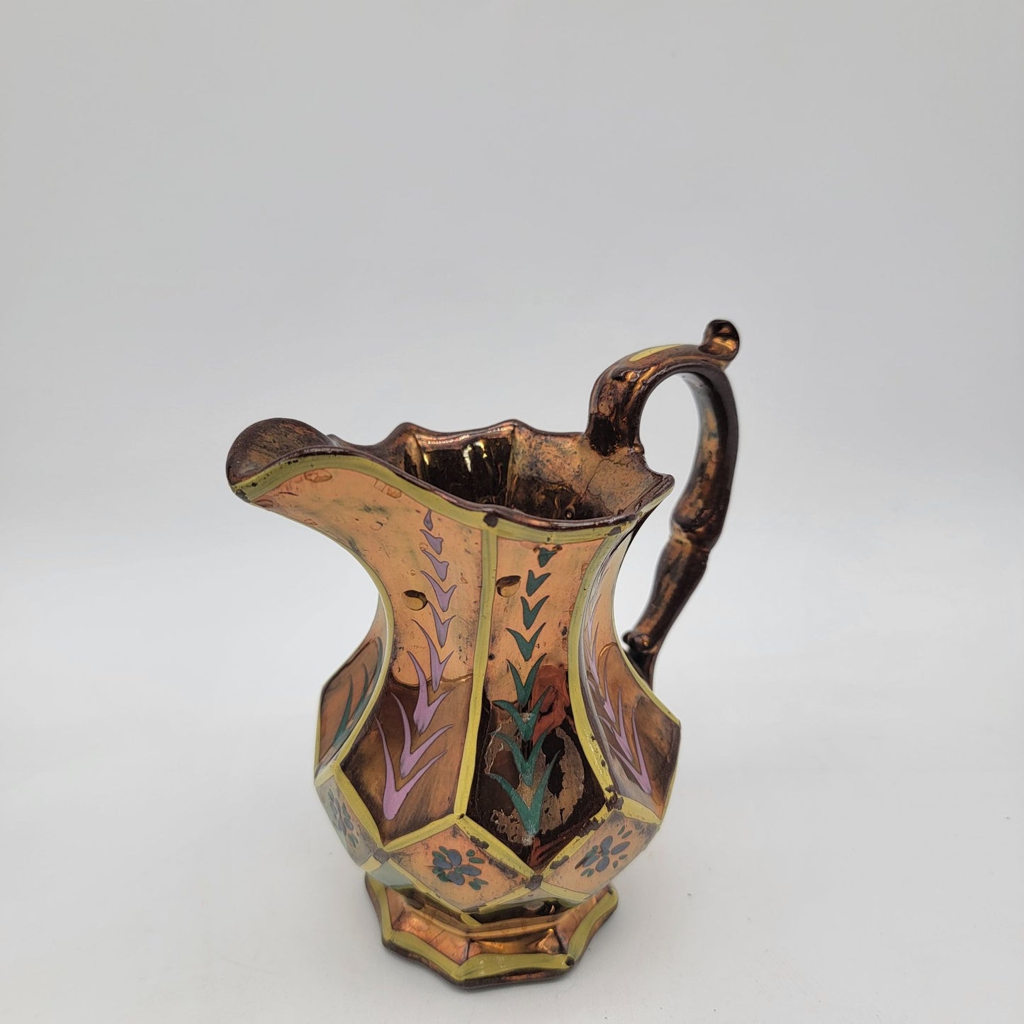 Antique Copper Lustre Pitcher With Hand-Painted Floral & Leaf Design