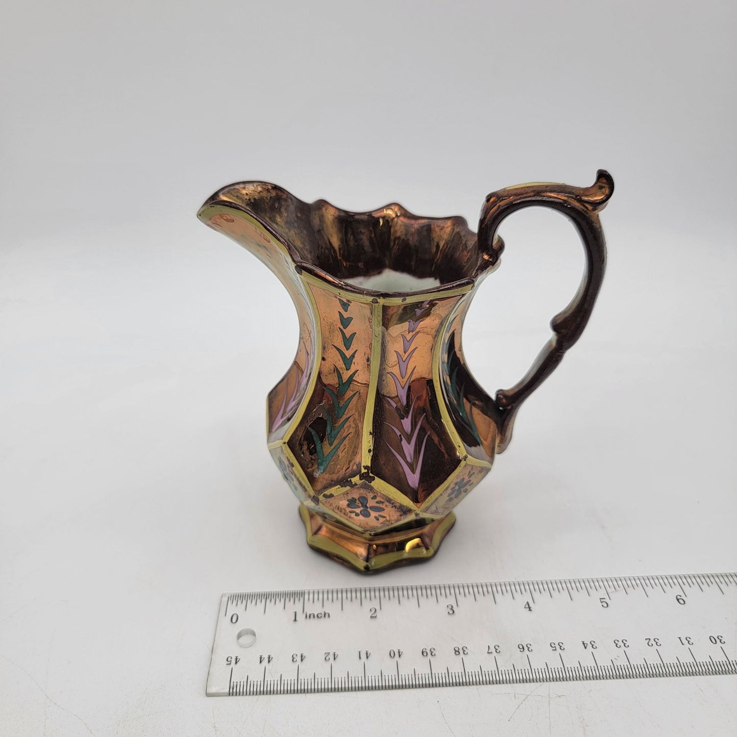 Antique Copper Lustre Pitcher With Hand-Painted Floral & Leaf Design