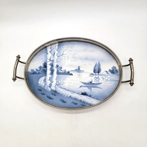 Vintage Delft Blue Porcelain Oval Serving Tray