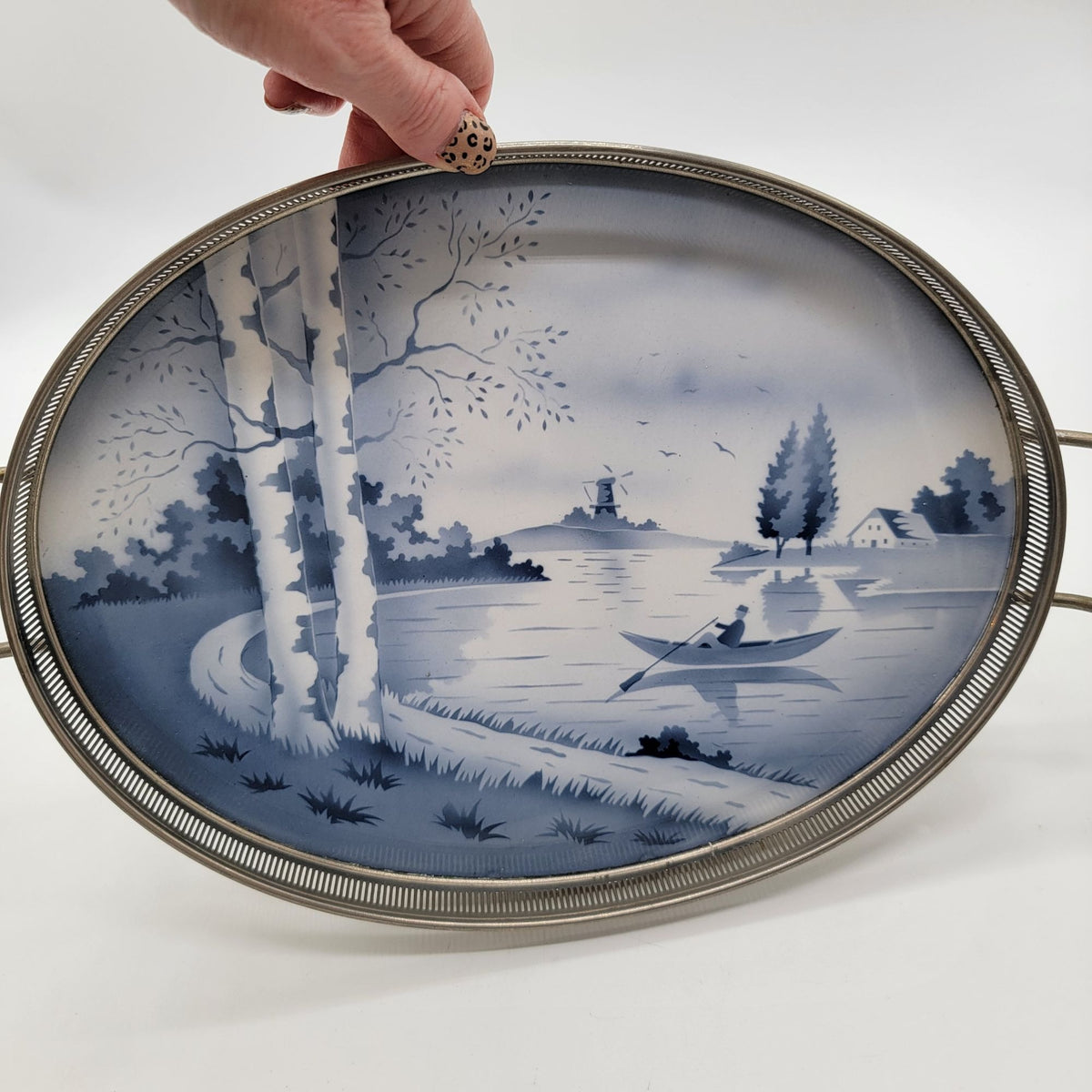 Vintage Delft Blue Porcelain Oval Serving Tray