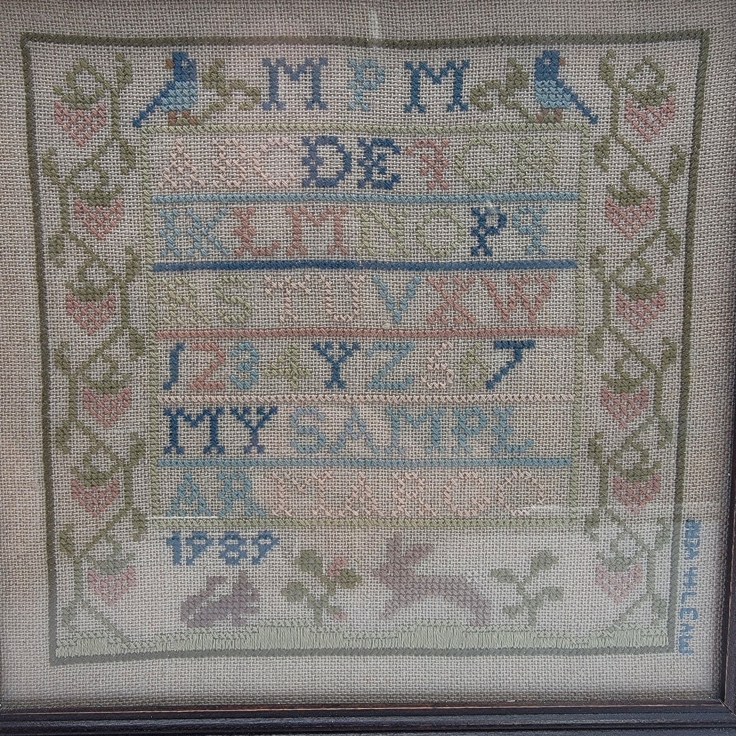 Vintage 1989 Cross Stitch Embroidered Sampler In Wood Frame Signed