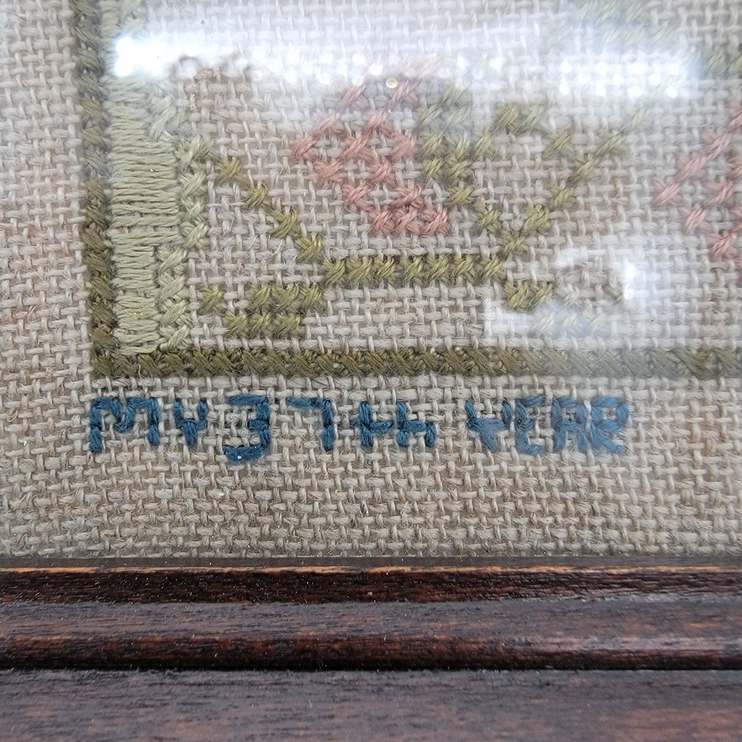 Vintage 1989 Cross Stitch Embroidered Sampler In Wood Frame Signed