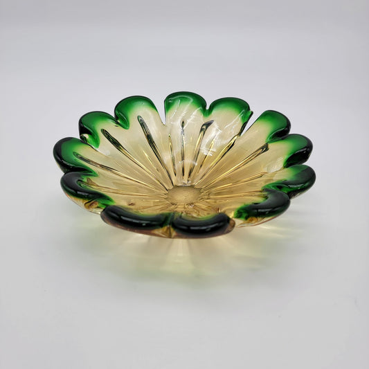 Mid-Century Sommerso Green Art Glass Scalloped Bowl