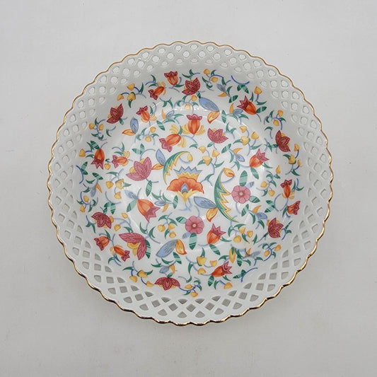 Vintage German Porcelain Bowl With Reticulated Lattice Rim Chintz Floral Pattern