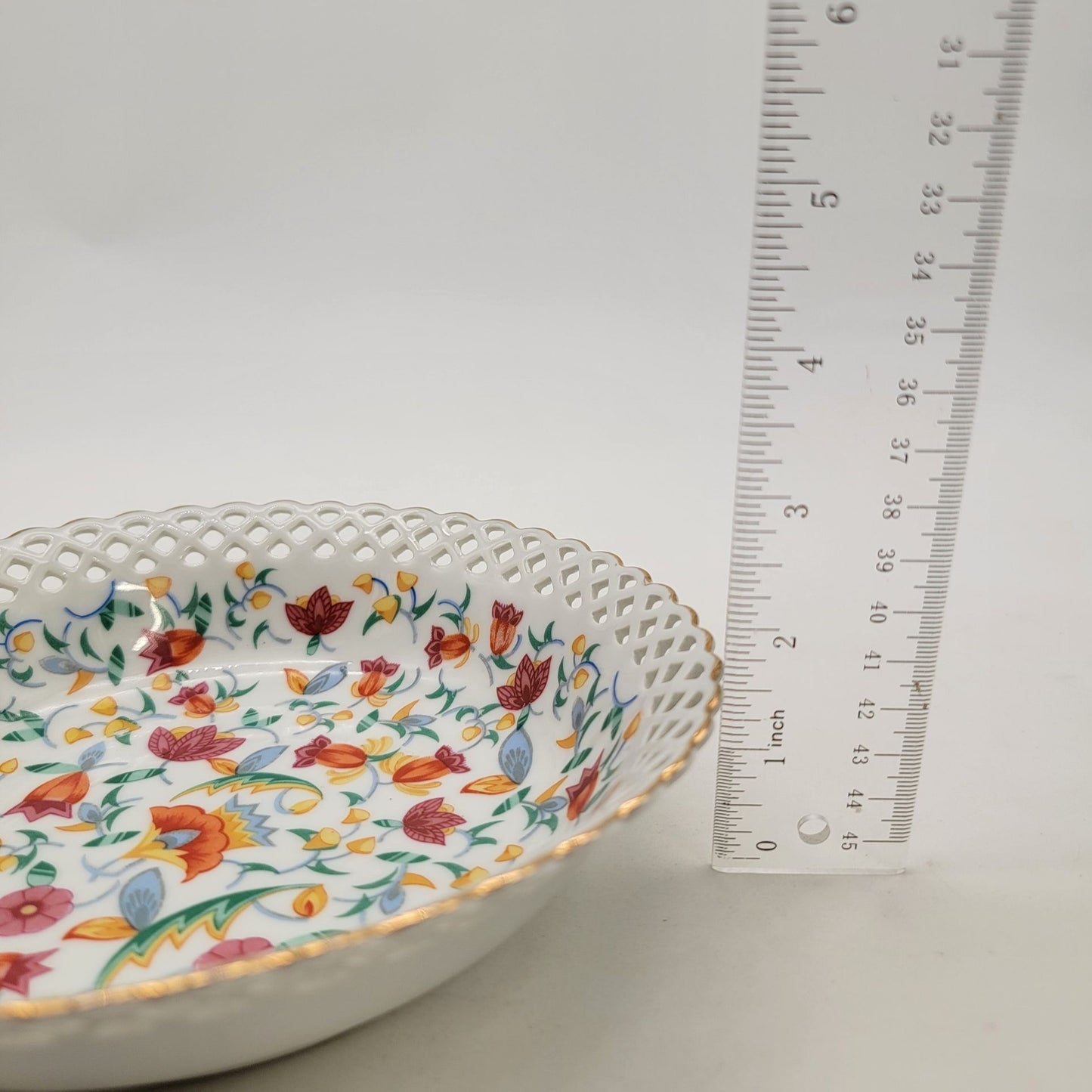 Vintage German Porcelain Bowl With Reticulated Lattice Rim Chintz Floral Pattern