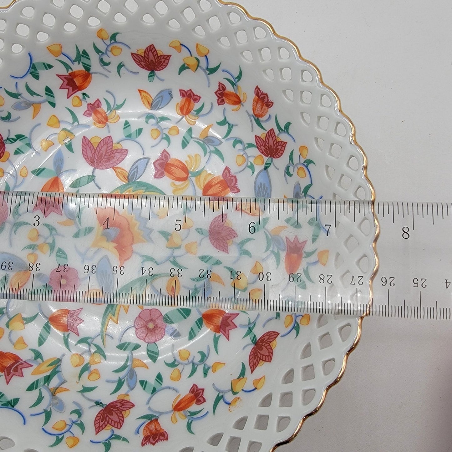 Vintage German Porcelain Bowl With Reticulated Lattice Rim Chintz Floral Pattern