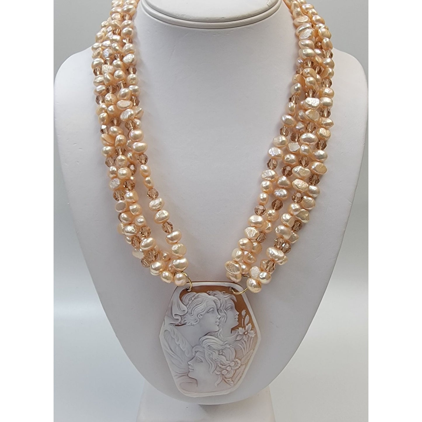 Artisan Hand-Carved Shell Three Graces Cameo Pendant On Freshwater Pearls & Faceted Crystals Necklace