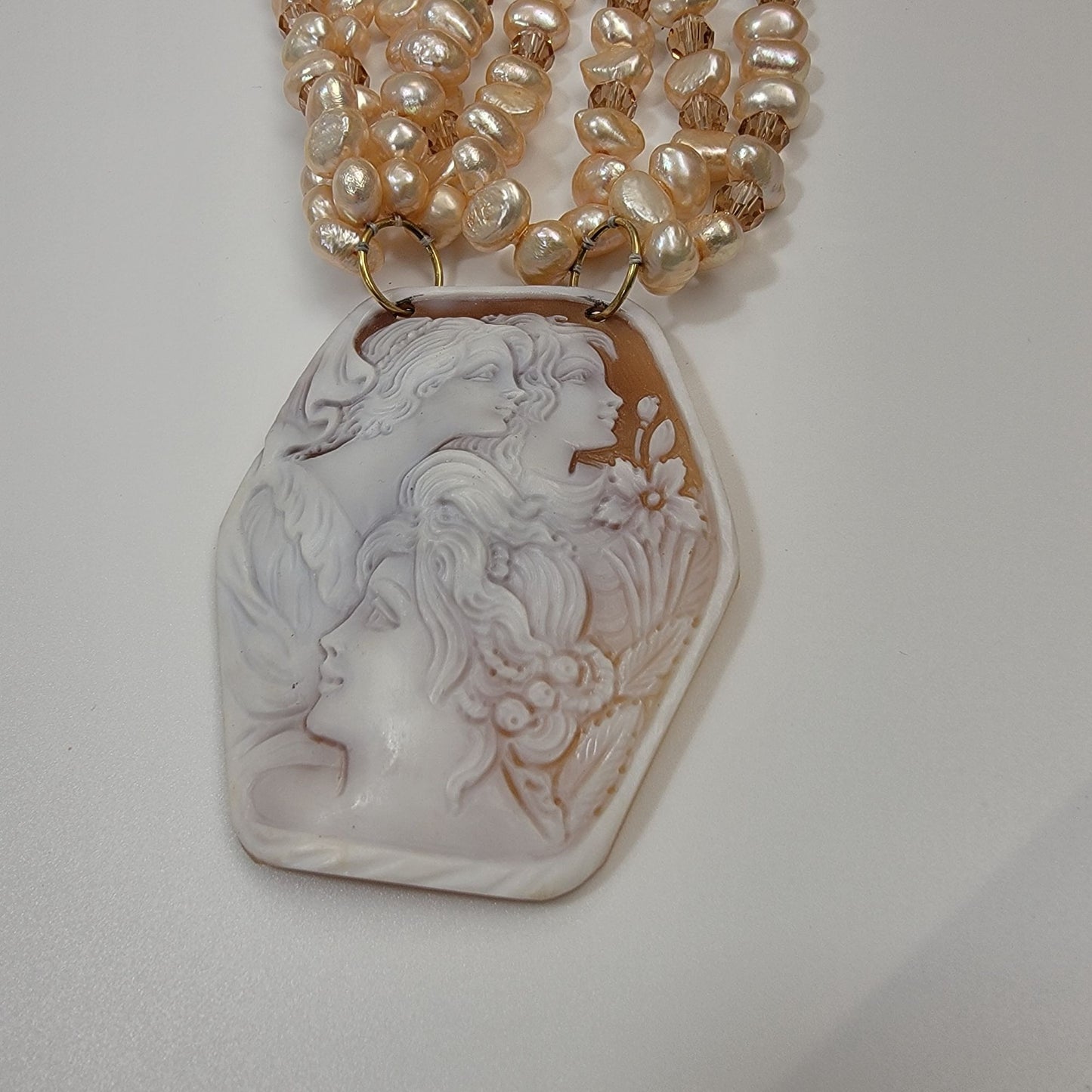 Artisan Hand-Carved Shell Three Graces Cameo Pendant On Freshwater Pearls & Faceted Crystals Necklace