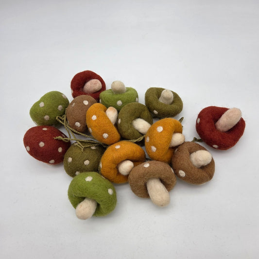 Felted Mushroom Garland Set Of 15 In Earthy Tones - Needs Untangling