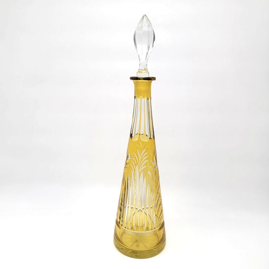 Bohemian Amber Cut-To-Clear Glass Decanter With Crystal Stopper