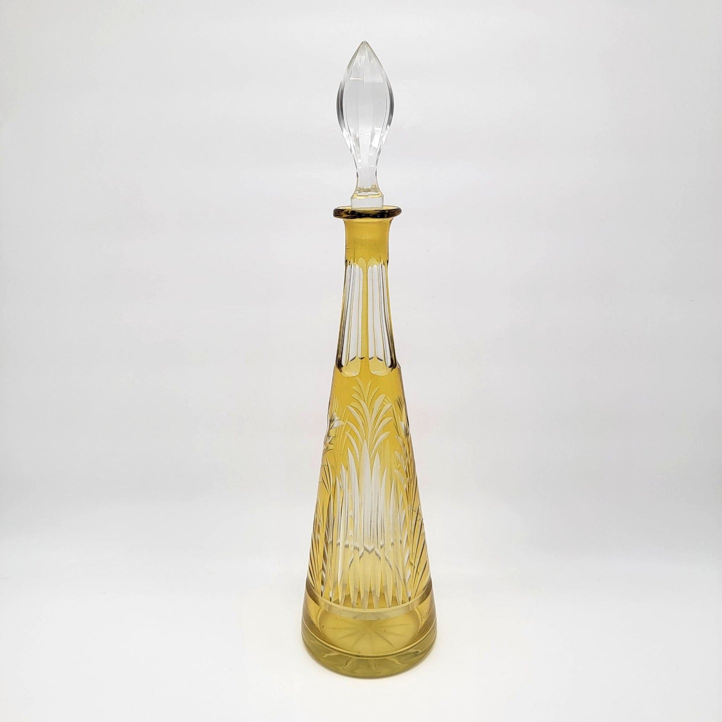 Bohemian Amber Cut-To-Clear Glass Decanter With Crystal Stopper