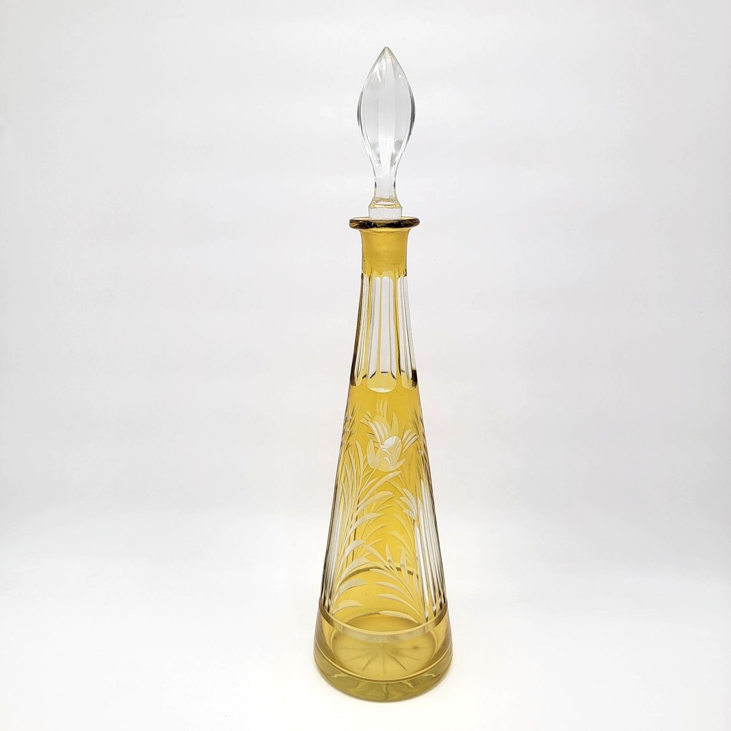 Bohemian Amber Cut-To-Clear Glass Decanter With Crystal Stopper