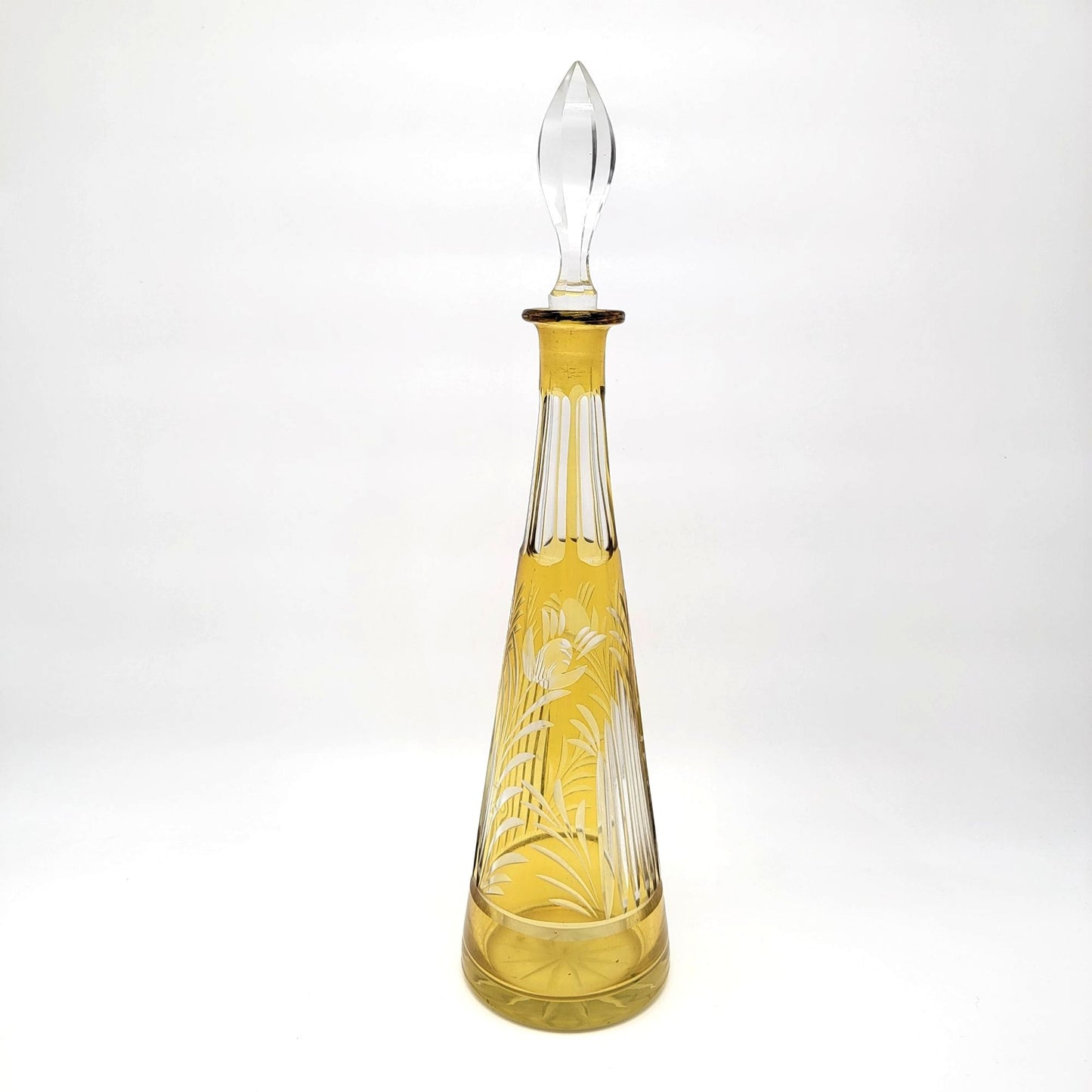 Bohemian Amber Cut-To-Clear Glass Decanter With Crystal Stopper