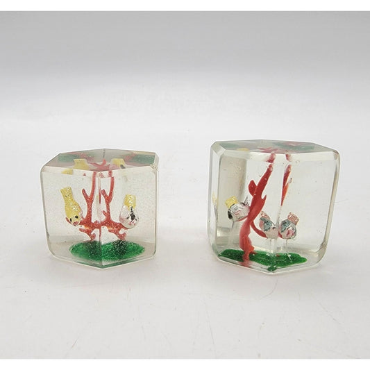 Pair Of Vintage 1930s Sulfide Glass Cube Paperweights With Birds