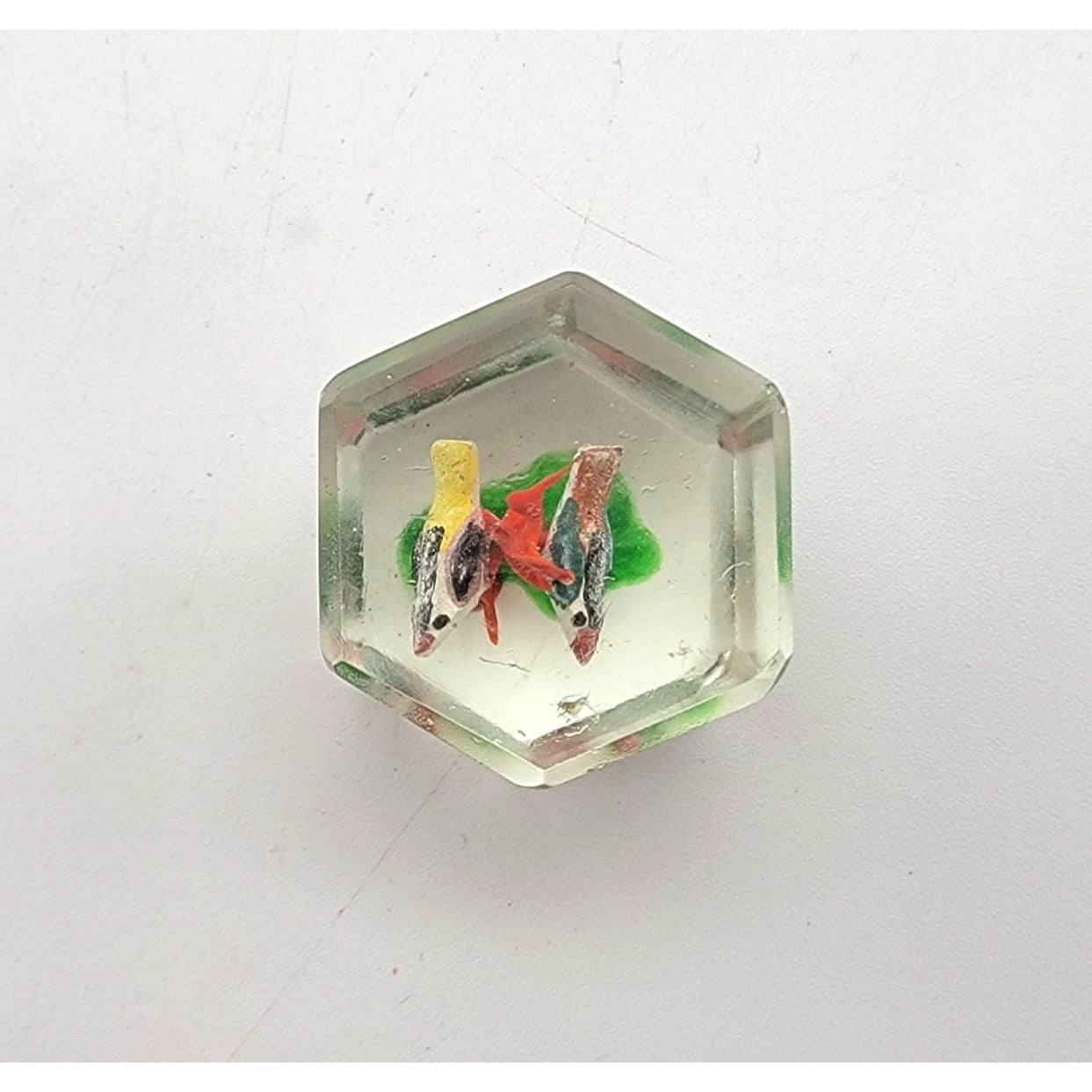 Pair Of Vintage 1930s Sulfide Glass Cube Paperweights With Birds