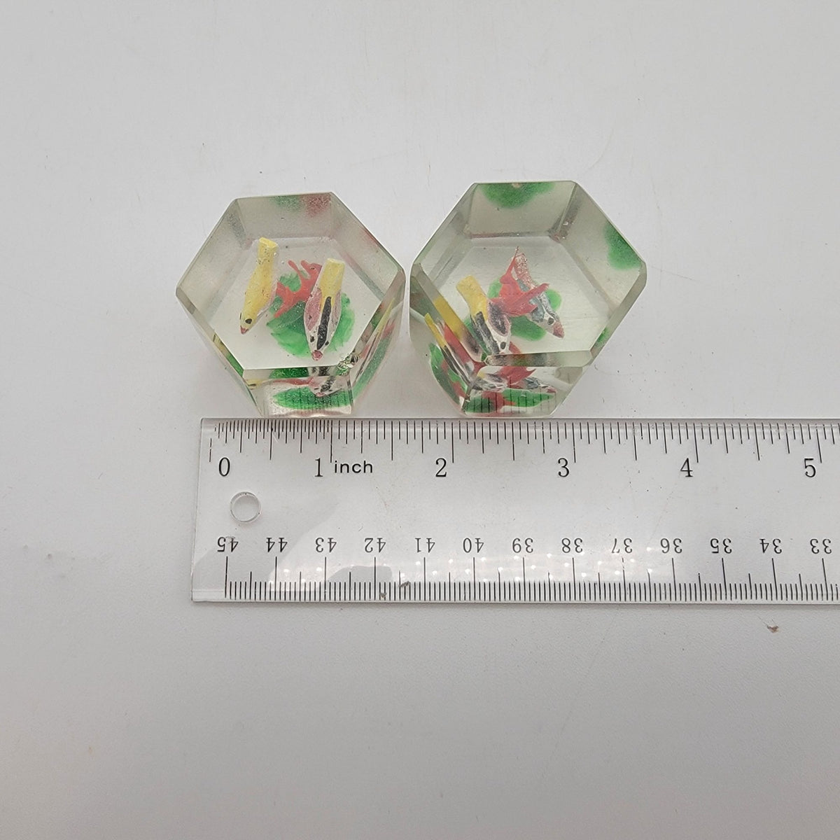 Pair Of Vintage 1930s Sulfide Glass Cube Paperweights With Birds