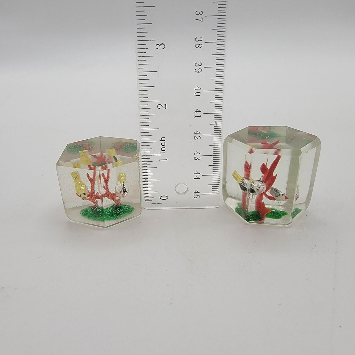 Pair Of Vintage 1930s Sulfide Glass Cube Paperweights With Birds