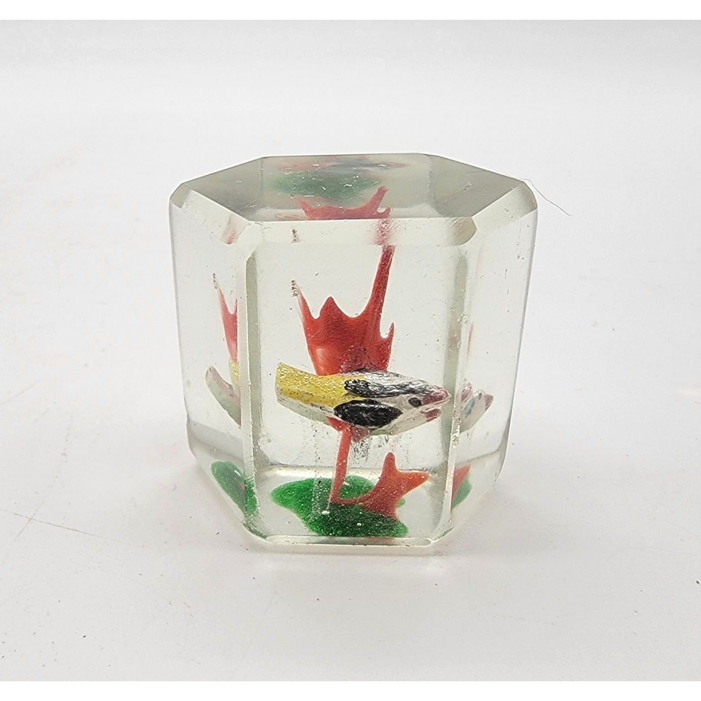 Pair Of Vintage 1930s Sulfide Glass Cube Paperweights With Birds