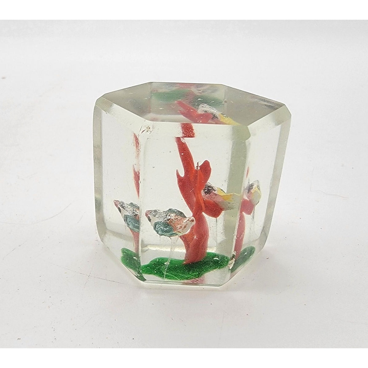 Pair Of Vintage 1930s Sulfide Glass Cube Paperweights With Birds