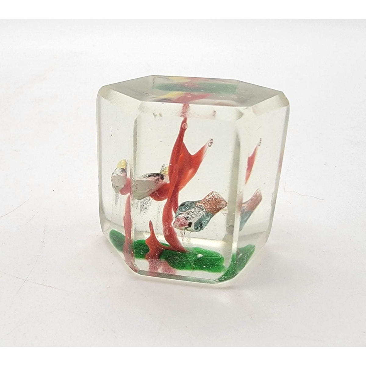 Pair Of Vintage 1930s Sulfide Glass Cube Paperweights With Birds