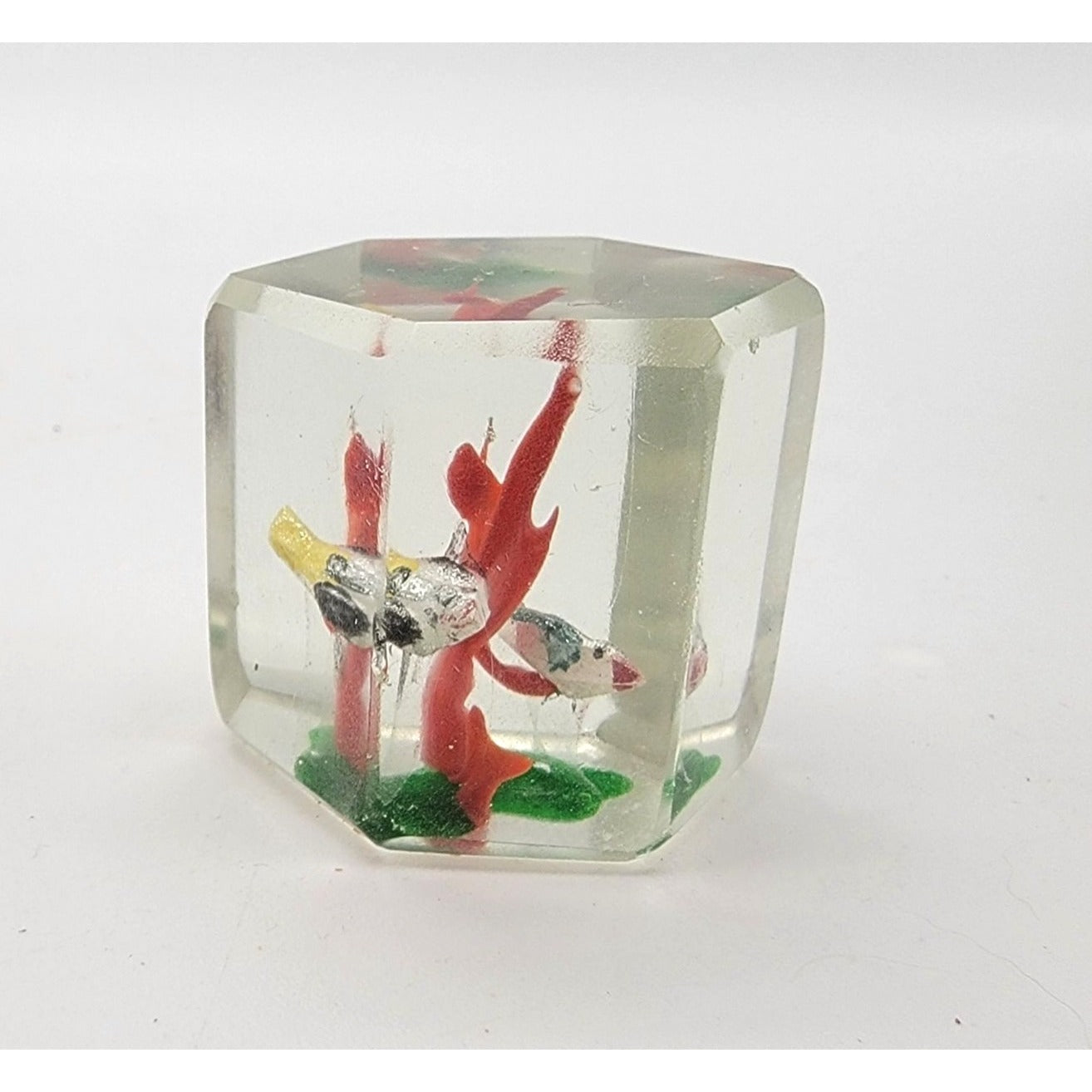 Pair Of Vintage 1930s Sulfide Glass Cube Paperweights With Birds