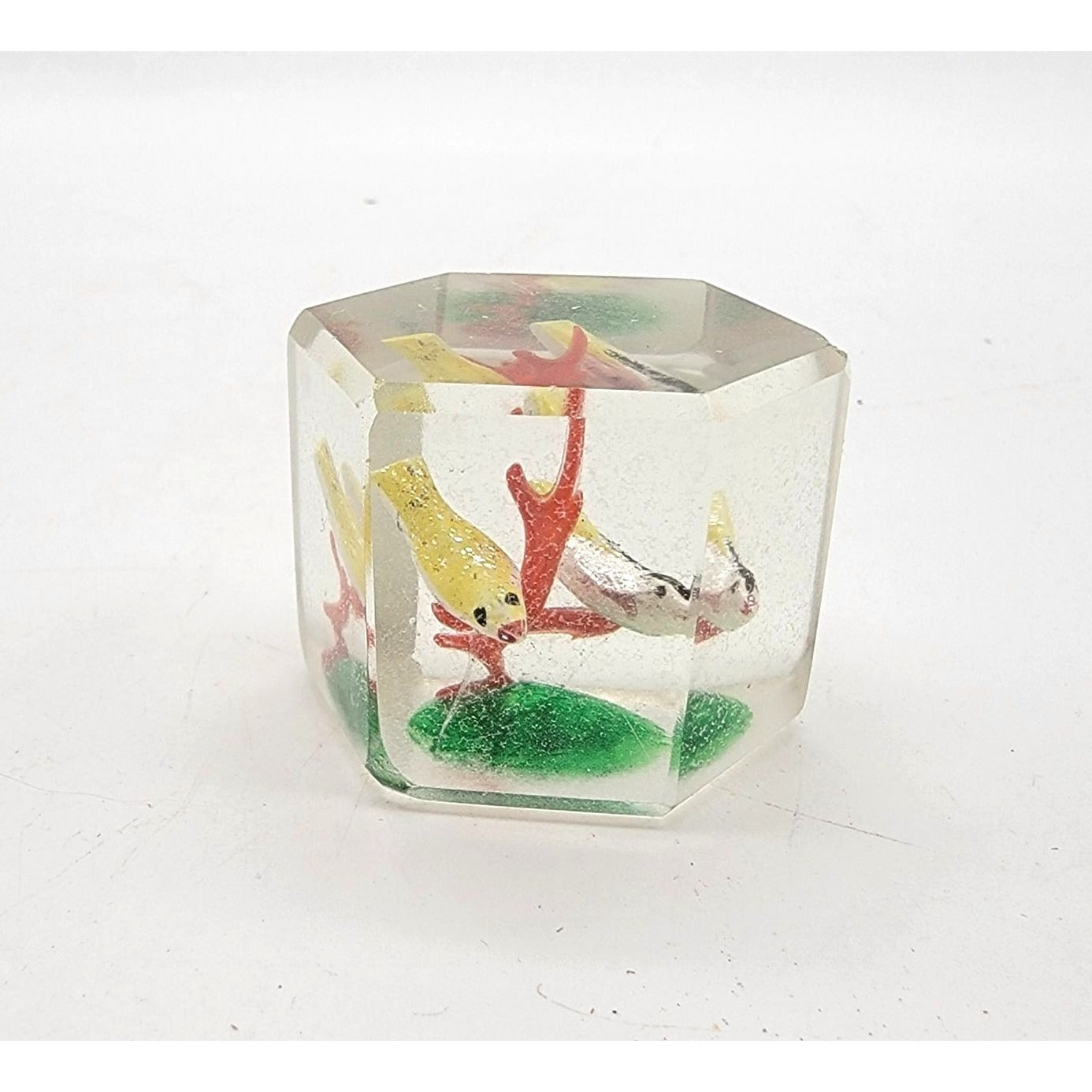 Pair Of Vintage 1930s Sulfide Glass Cube Paperweights With Birds