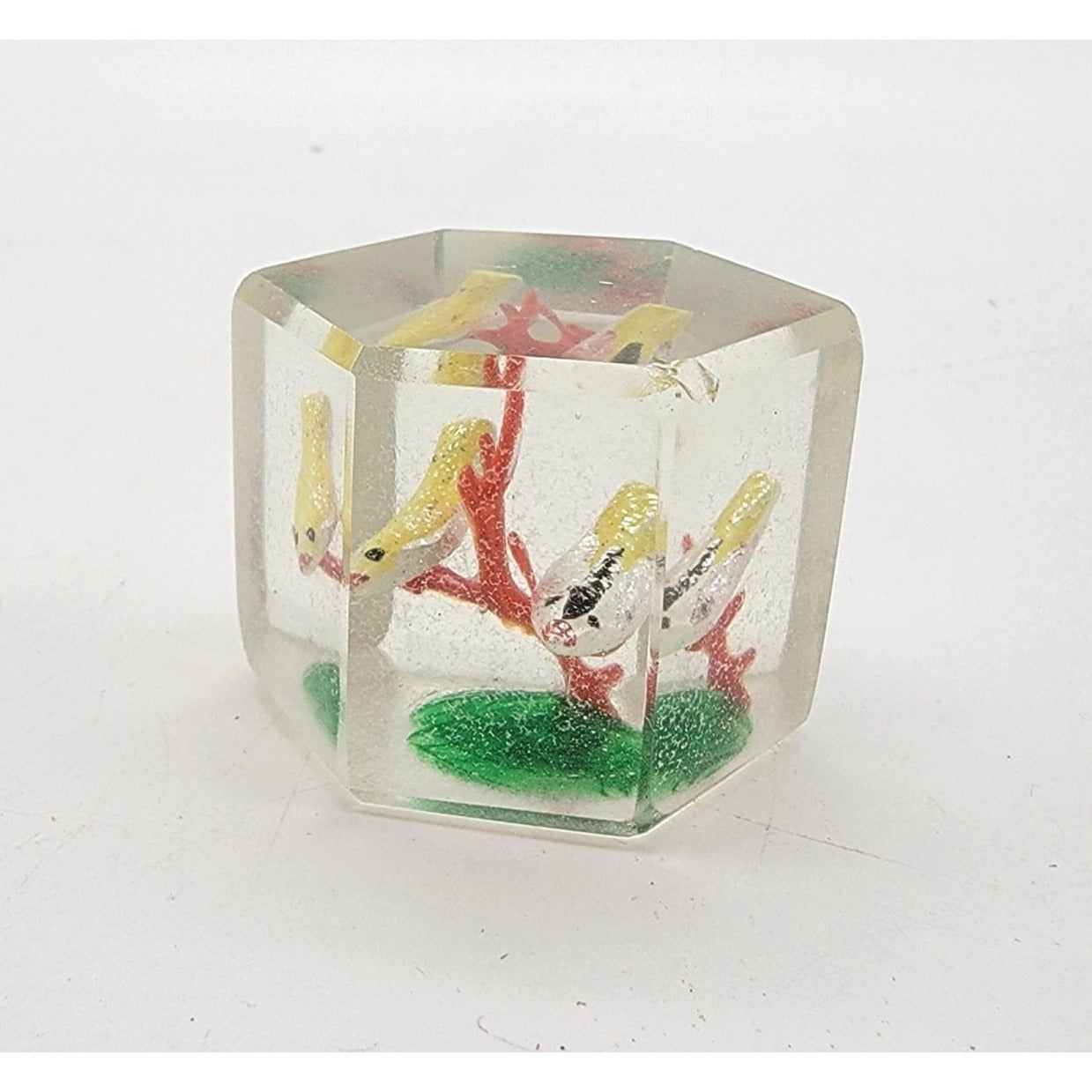 Pair Of Vintage 1930s Sulfide Glass Cube Paperweights With Birds