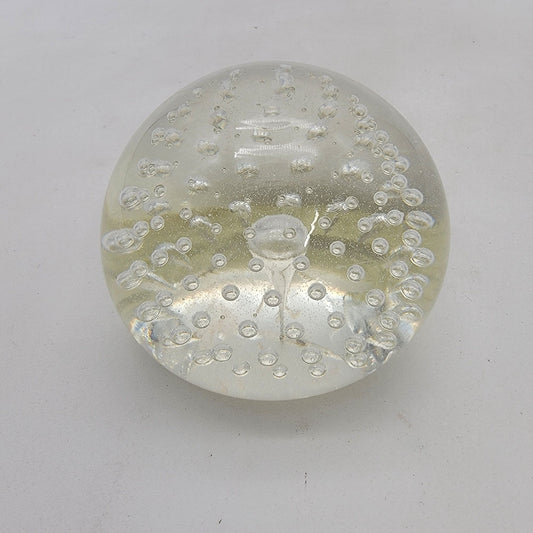 Vintage Signed Clear Art Glass Round Controlled Bubbles Paperweight