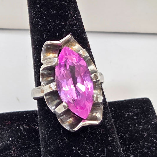 Vintage Faceted Pink Marquise Ruby or Pink Sapphire Sterling Silver Ring Mexico Size 8.75