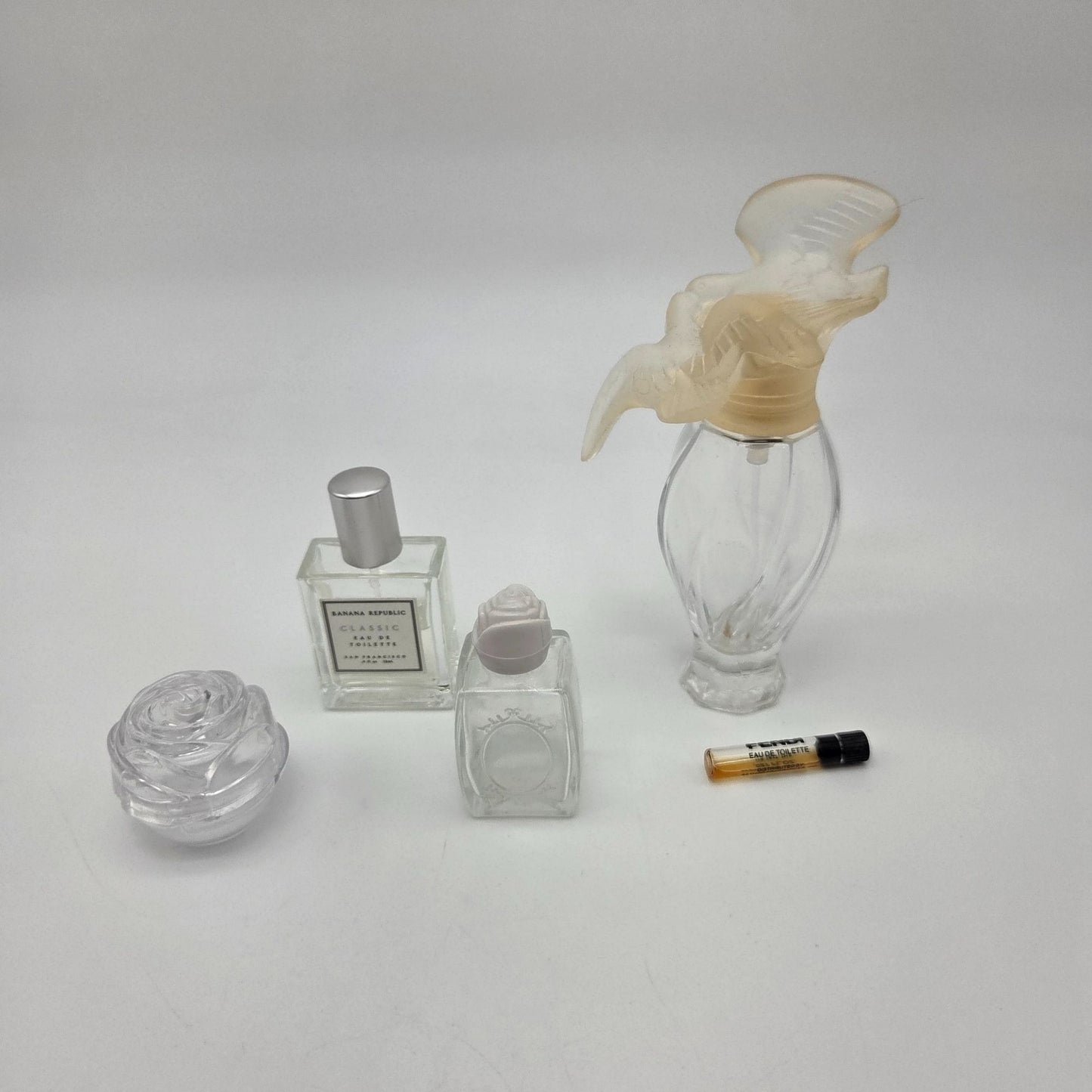 Lot of 5 Vintage Perfume Bottles: Nina Riccis LAir Du Temps Banana Republic Classic Fendi EDT Sample Rose