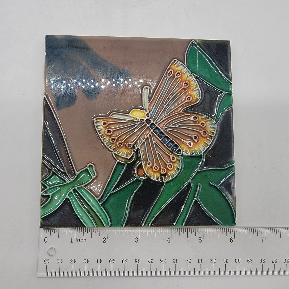 Vintage Butterfly Raised Relief Pottery Tile