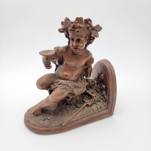Vintage Cherub Bookend With Leaf Crown & Goblet Bronze-Colored Resin Angelic Figurine