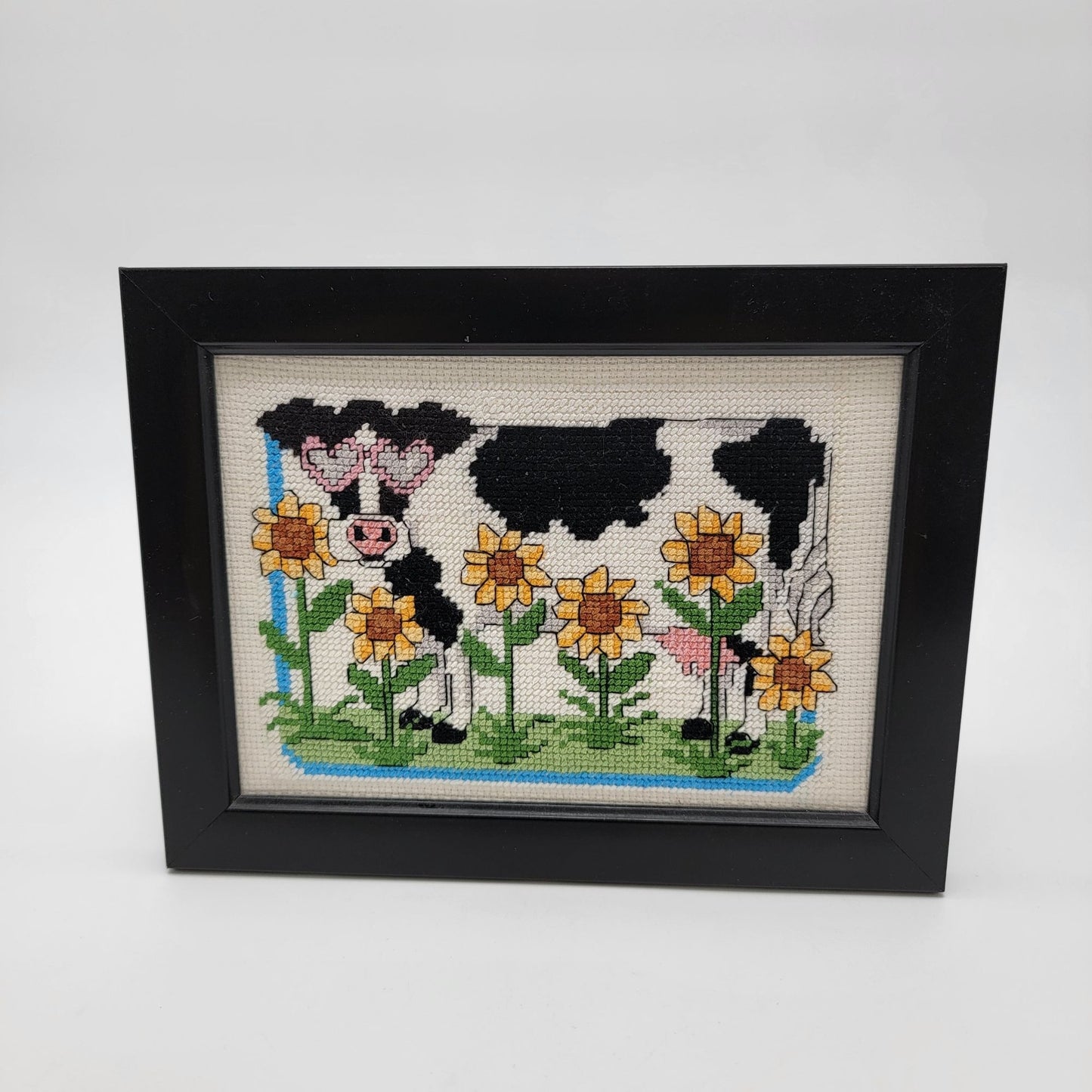 Vintage Cow Cross-Stitch Embroidery Framed Art With Sunflowers Signed
