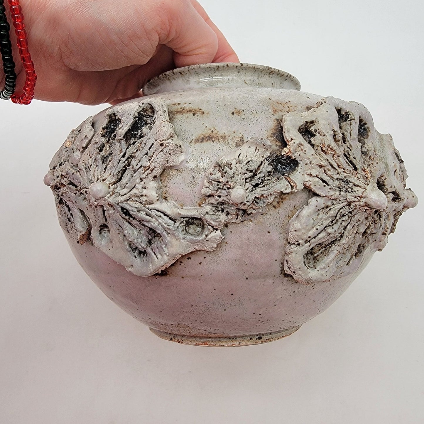 Vintage Signed Glen Quan Art Pottery Vase With Brutalist Flowers