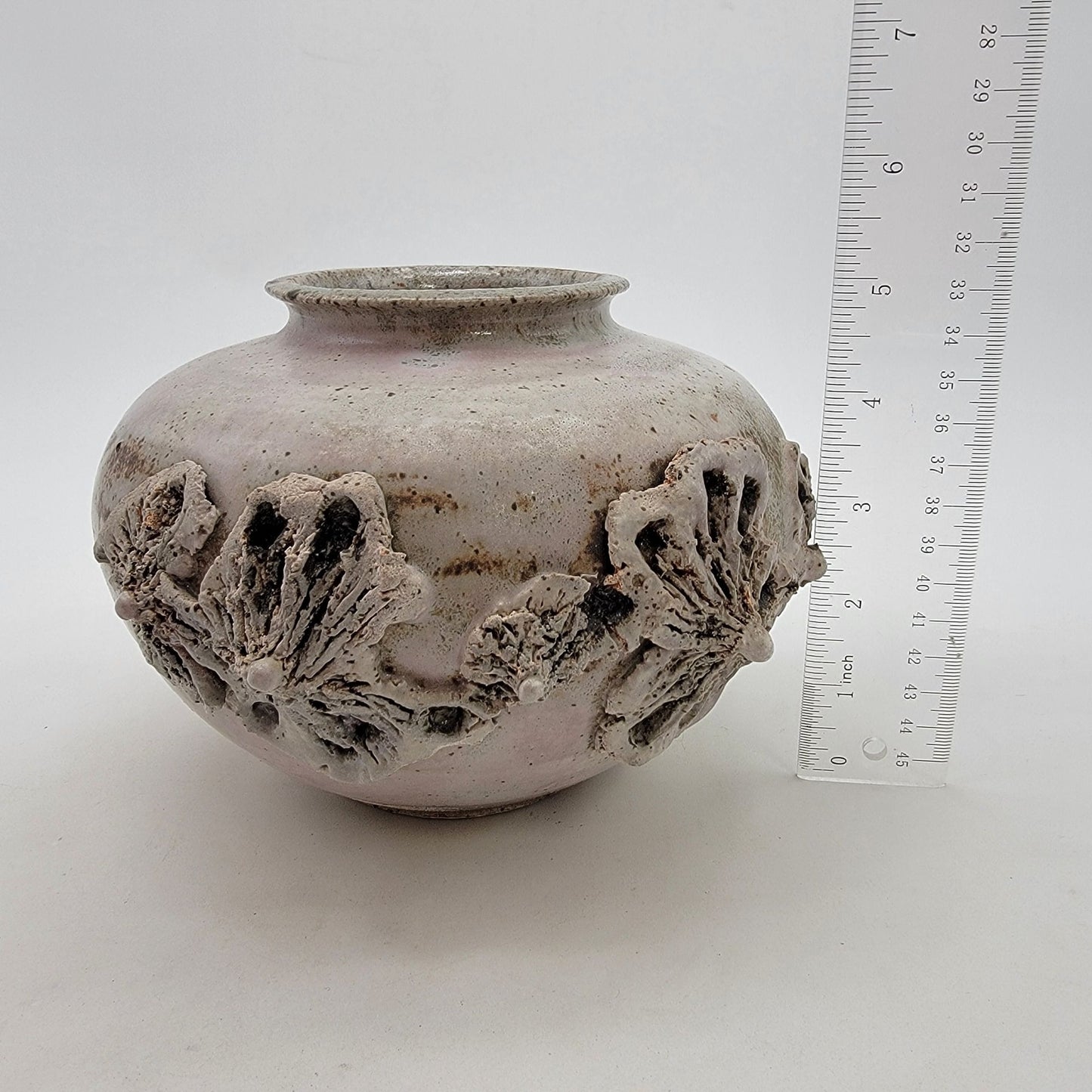 Vintage Signed Glen Quan Art Pottery Vase With Brutalist Flowers