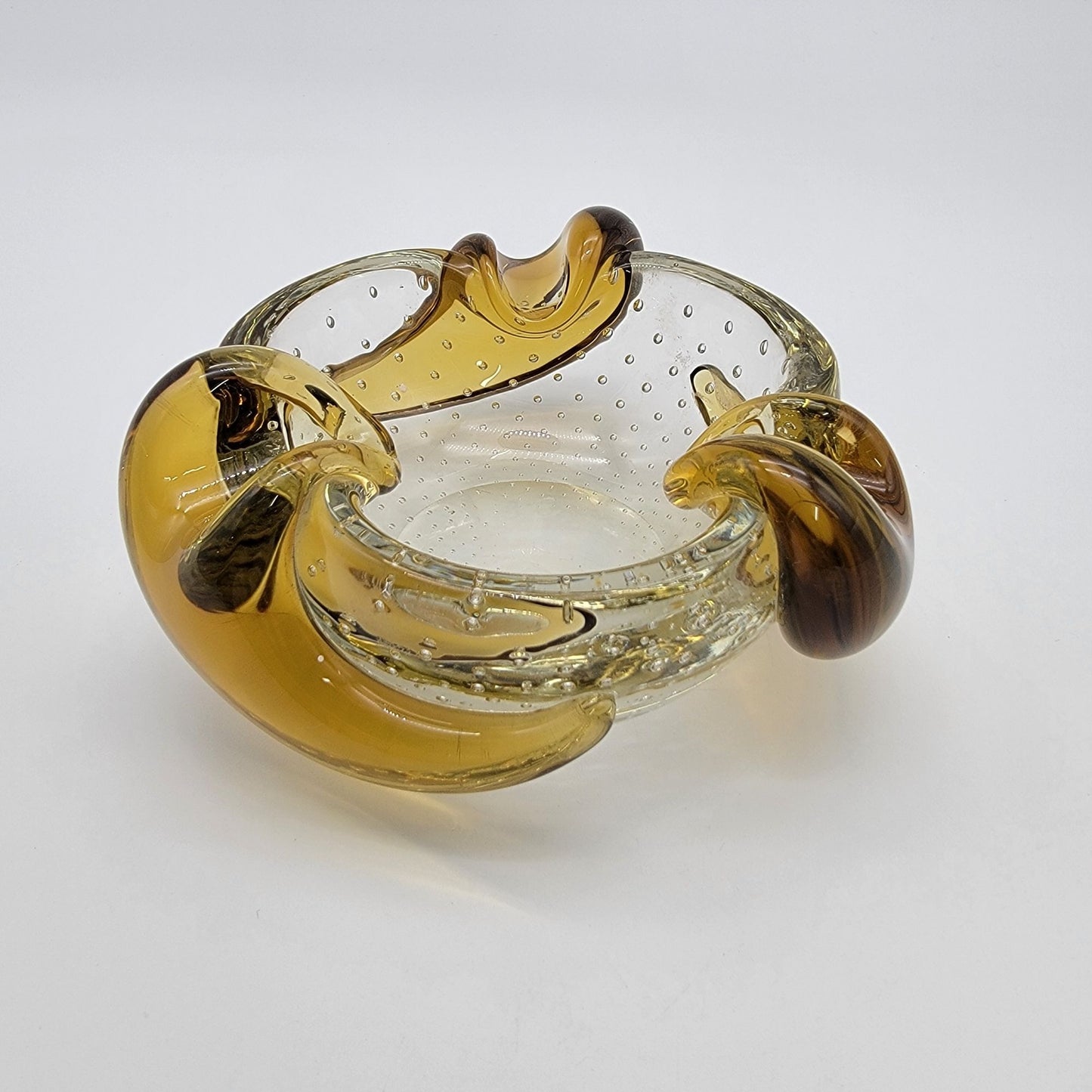 Vintage Barovier & Toso Bullicante Amber Gold Three Petal Bowl