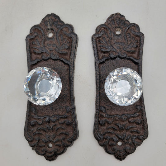 Vintage Cast Iron & Crystal Glass Cabinet Knobs Set of 2