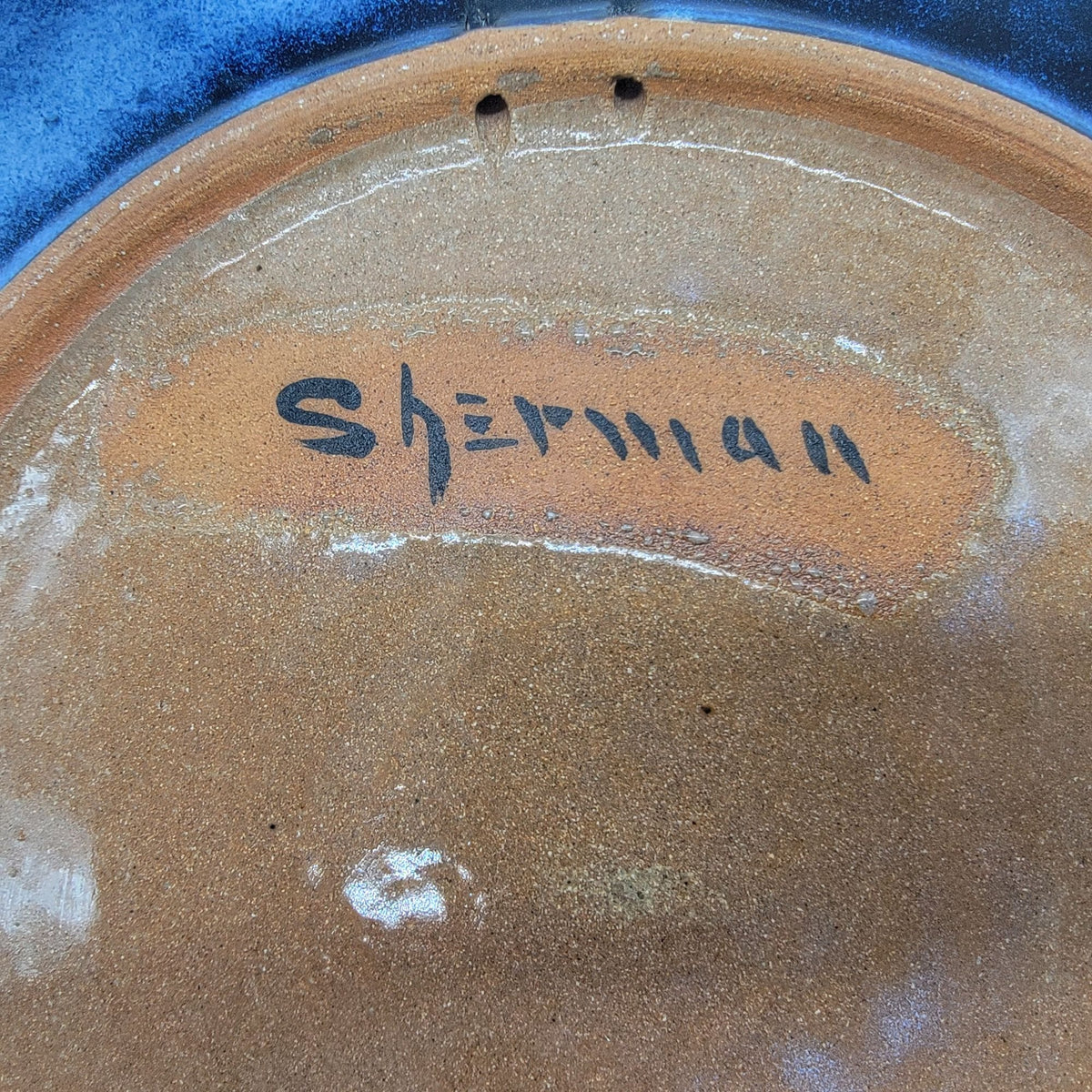 Swirled Blue Glazed Pottery Plate Signed Sherman